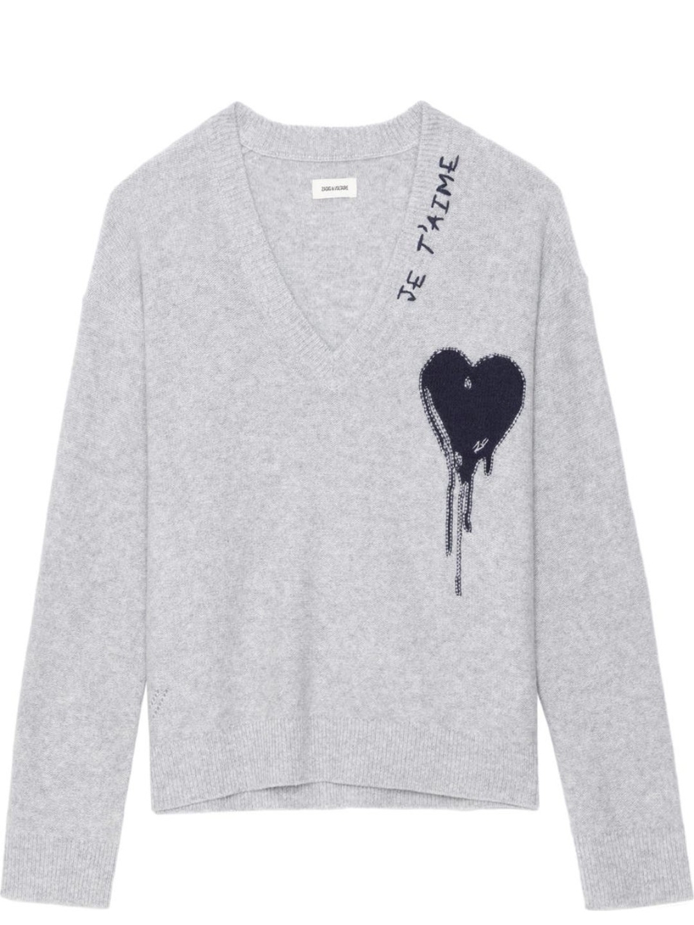 NWT Zadig & Voltaire Mikyz Heart Applique Cashmere Light Gray V-Neck Sweater